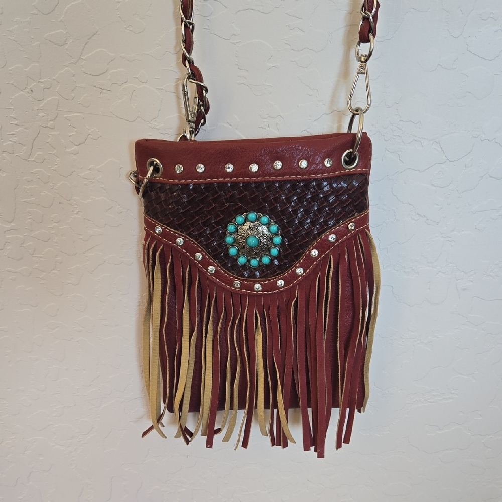Faux Leather Western-style Crossbody Bag with Fringe